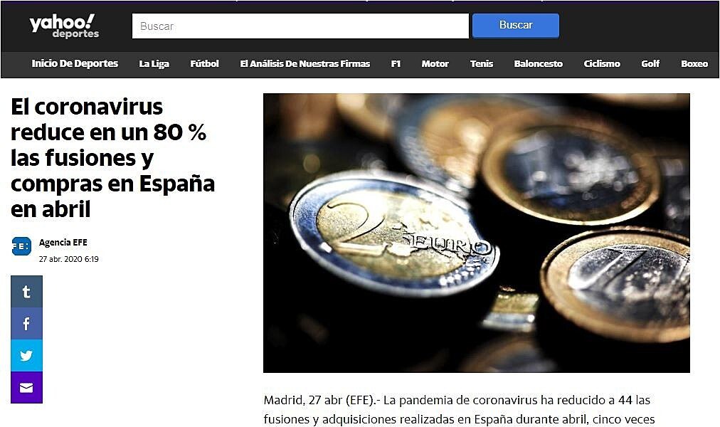 El coronavirus reduce en un 80 % las fusiones y compras en Espaa en abril